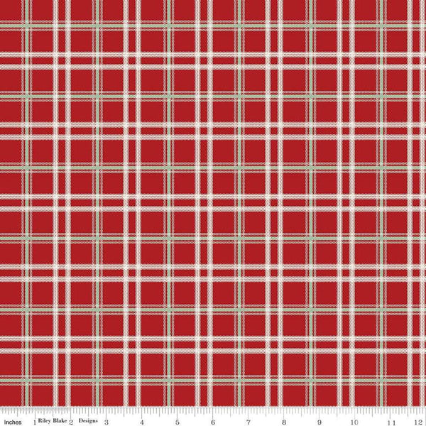 Image of the Mistletoe & Holly Plaid Barn Red quilting cotton fabric by Riley Blake Designs. Features lines on a red background. Cute Little Fabric Shop