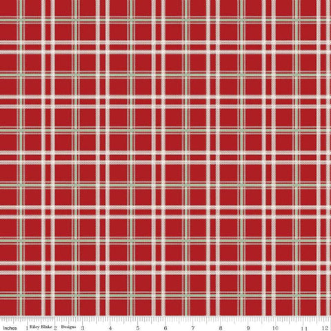 Image of the Mistletoe & Holly Plaid Barn Red quilting cotton fabric by Riley Blake Designs. Features lines on a red background. Cute Little Fabric Shop