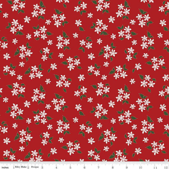 Image of the Mistletoe & Holly Floral Barn Red quilting cotton fabric by Riley Blake Designs. Features flowers on a red background. Cute Little Fabric Shop