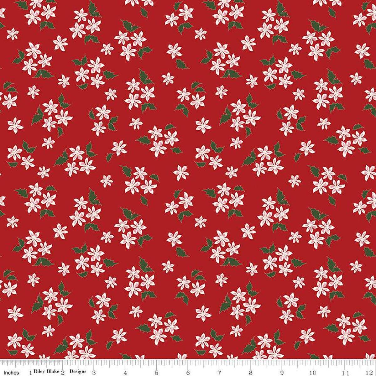 Image of the Mistletoe & Holly Floral Barn Red quilting cotton fabric by Riley Blake Designs. Features flowers on a red background. Cute Little Fabric Shop
