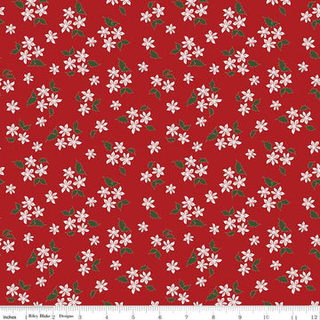 Image of the Mistletoe & Holly Floral Barn Red quilting cotton fabric by Riley Blake Designs. Features flowers on a red background. Cute Little Fabric Shop
