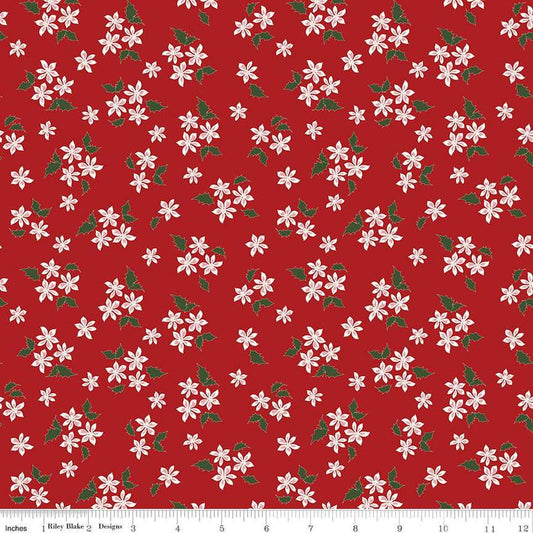 Image of the Mistletoe & Holly Floral Barn Red quilting cotton fabric by Riley Blake Designs. Features flowers on a red background. Cute Little Fabric Shop