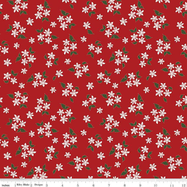 Image of the Mistletoe & Holly Floral Barn Red quilting cotton fabric by Riley Blake Designs. Features flowers on a red background. Cute Little Fabric Shop