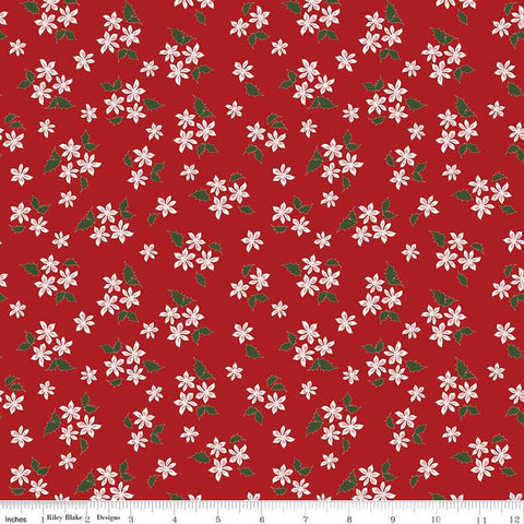 Image of the Mistletoe & Holly Floral Barn Red quilting cotton fabric by Riley Blake Designs. Features flowers on a red background. Cute Little Fabric Shop