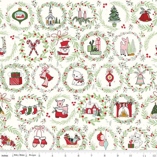 Image of the Mistletoe & Holly Wreaths Cloud quilting cotton fabric by Riley Blake Designs. Features wreathes on a cream background. Cute Little Fabric Shop