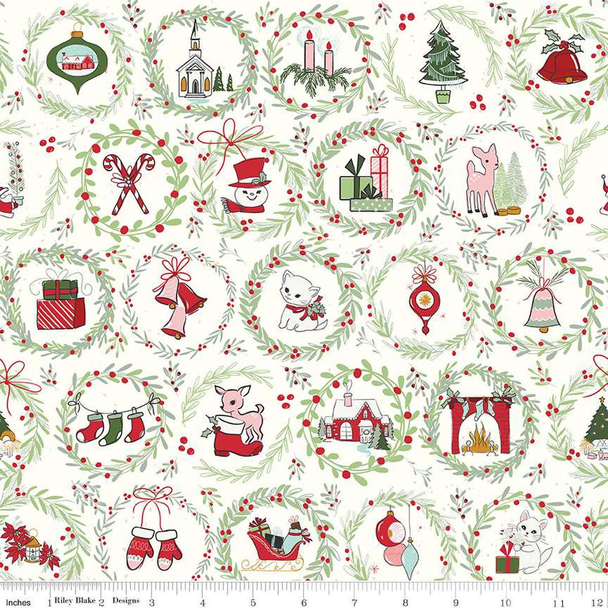 Image of the Mistletoe & Holly Wreaths Cloud quilting cotton fabric by Riley Blake Designs. Features wreathes on a cream background. Cute Little Fabric Shop