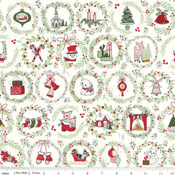 Image of the Mistletoe & Holly Wreaths Cloud quilting cotton fabric by Riley Blake Designs. Features wreathes on a cream background. Cute Little Fabric Shop