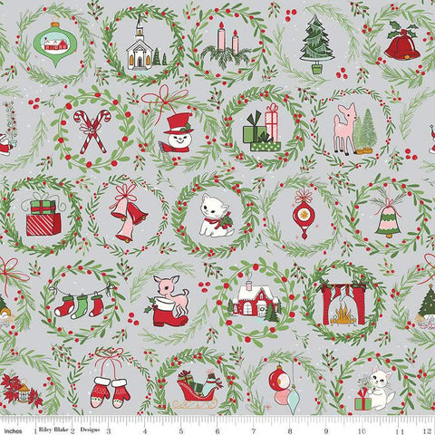 Image of the Mistletoe & Holly Wreaths Silver quilting cotton fabric by Riley Blake Designs. Features wreathes on a gray background. Cute Little Fabric Shop