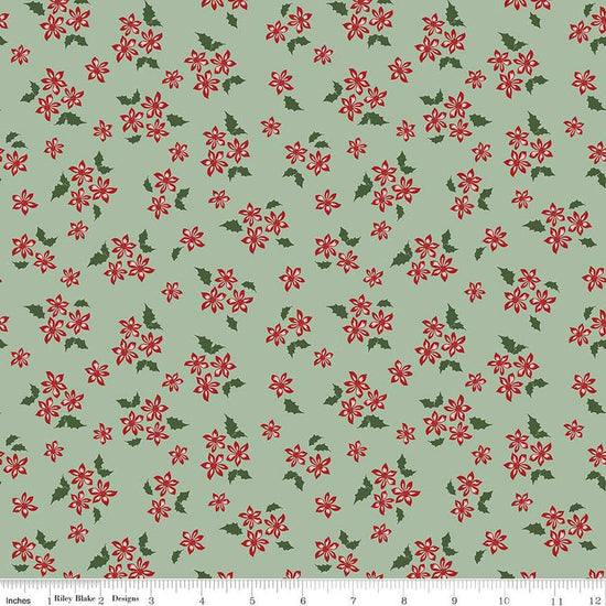 Image of the Mistletoe & Holly Floral Sage quilting cotton fabric by Riley Blake Designs. Features flowers on a green background. Cute Little Fabric Shop