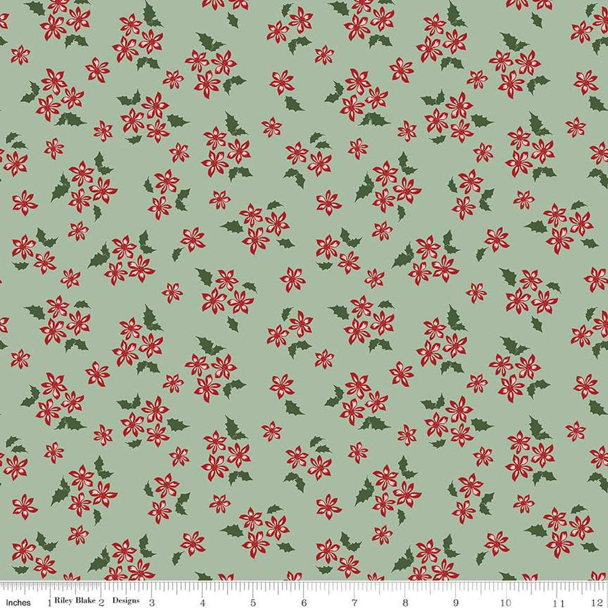 Image of the Mistletoe & Holly Floral Sage quilting cotton fabric by Riley Blake Designs. Features flowers on a green background. Cute Little Fabric Shop
