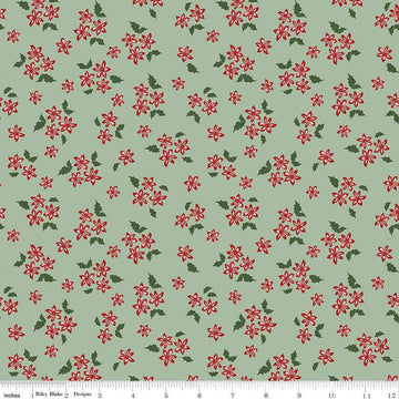 Image of the Mistletoe & Holly Floral Sage quilting cotton fabric by Riley Blake Designs. Features flowers on a green background. Cute Little Fabric Shop