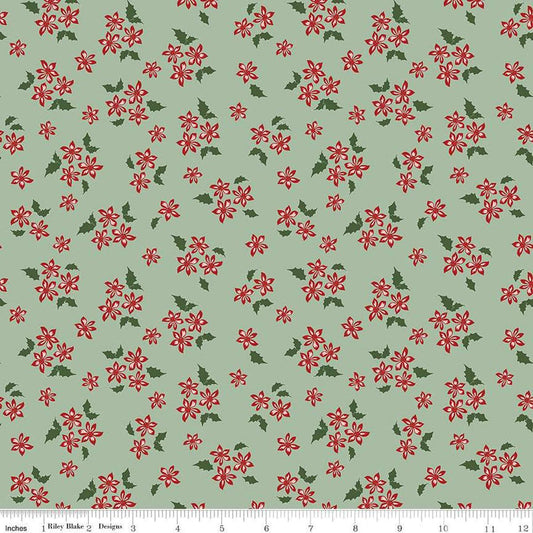 Image of the Mistletoe & Holly Floral Sage quilting cotton fabric by Riley Blake Designs. Features flowers on a green background. Cute Little Fabric Shop
