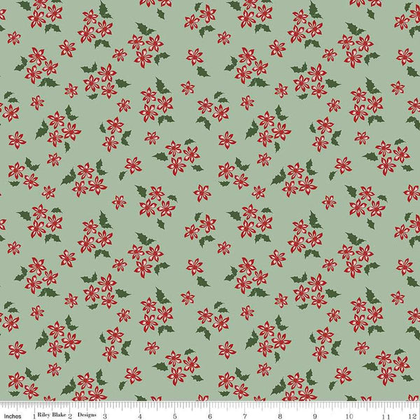 Image of the Mistletoe & Holly Floral Sage quilting cotton fabric by Riley Blake Designs. Features flowers on a green background. Cute Little Fabric Shop