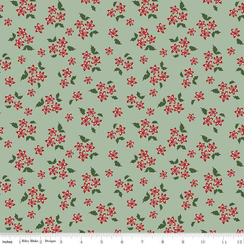 Image of the Mistletoe & Holly Floral Sage quilting cotton fabric by Riley Blake Designs. Features flowers on a green background. Cute Little Fabric Shop