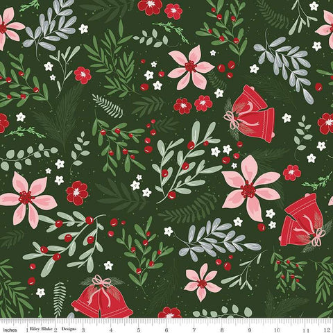 Image of the Mistletoe & Holly Main Forest quilting cotton fabric by Riley Blake Designs. Features icons on a green background. Cute Little Fabric Shop