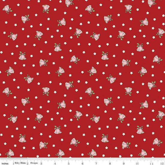 Image of the Mistletoe & Holly Mistle Scattered Bells Barn Red quilting cotton fabric by Riley Blake Designs. Features bells on a red background. Cute Little Fabric Shop