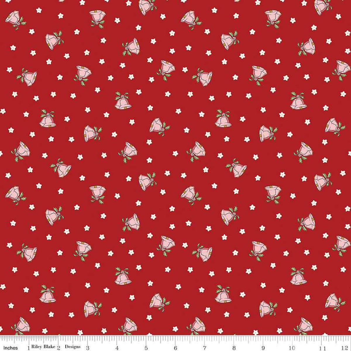 Image of the Mistletoe & Holly Mistle Scattered Bells Barn Red quilting cotton fabric by Riley Blake Designs. Features bells on a red background. Cute Little Fabric Shop