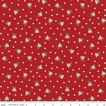 Image of the Mistletoe & Holly Mistle Scattered Bells Barn Red quilting cotton fabric by Riley Blake Designs. Features bells on a red background. Cute Little Fabric Shop