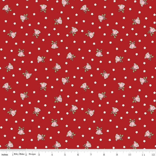 Image of the Mistletoe & Holly Mistle Scattered Bells Barn Red quilting cotton fabric by Riley Blake Designs. Features bells on a red background. Cute Little Fabric Shop
