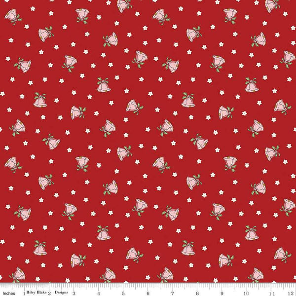 Image of the Mistletoe & Holly Mistle Scattered Bells Barn Red quilting cotton fabric by Riley Blake Designs. Features bells on a red background. Cute Little Fabric Shop