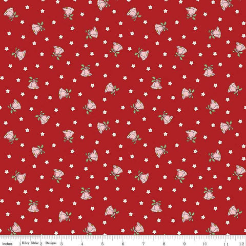 Image of the Mistletoe & Holly Mistle Scattered Bells Barn Red quilting cotton fabric by Riley Blake Designs. Features bells on a red background. Cute Little Fabric Shop