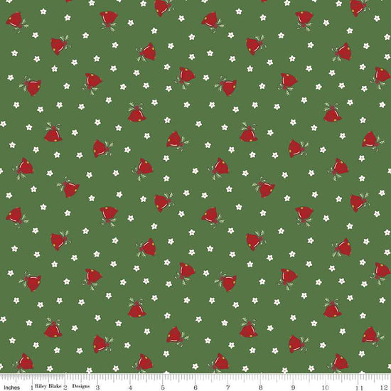 Image of the Mistletoe & Holly Mistle Scattered Bells Clover quilting cotton fabric by Riley Blake Designs. Features stars on a green background. Cute Little Fabric Shop
