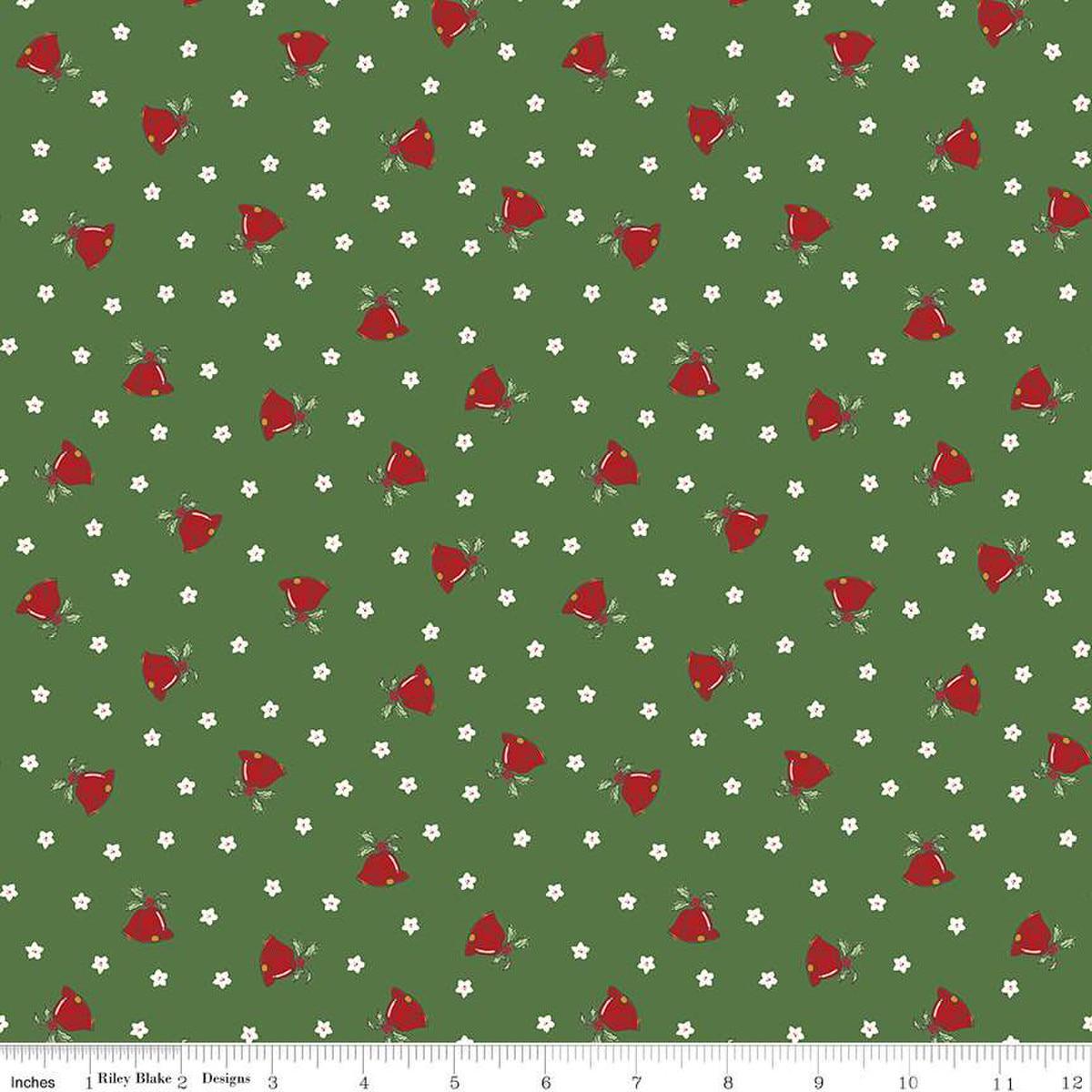 Image of the Mistletoe & Holly Mistle Scattered Bells Clover quilting cotton fabric by Riley Blake Designs. Features stars on a green background. Cute Little Fabric Shop
