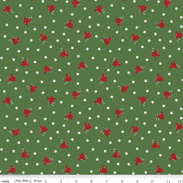 Image of the Mistletoe & Holly Mistle Scattered Bells Clover quilting cotton fabric by Riley Blake Designs. Features stars on a green background. Cute Little Fabric Shop