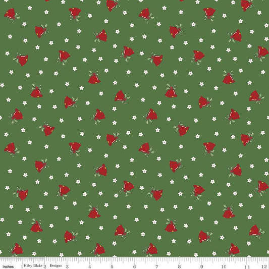 Image of the Mistletoe & Holly Mistle Scattered Bells Clover quilting cotton fabric by Riley Blake Designs. Features stars on a green background. Cute Little Fabric Shop