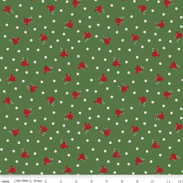 Image of the Mistletoe & Holly Mistle Scattered Bells Clover quilting cotton fabric by Riley Blake Designs. Features stars on a green background. Cute Little Fabric Shop