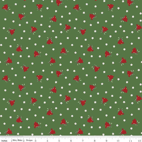Image of the Mistletoe & Holly Mistle Scattered Bells Clover quilting cotton fabric by Riley Blake Designs. Features stars on a green background. Cute Little Fabric Shop