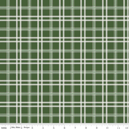 Image of the Mistletoe & Holly Plaid Forest quilting cotton fabric by Riley Blake Designs. Features lines on a green background. Cute Little Fabric Shop