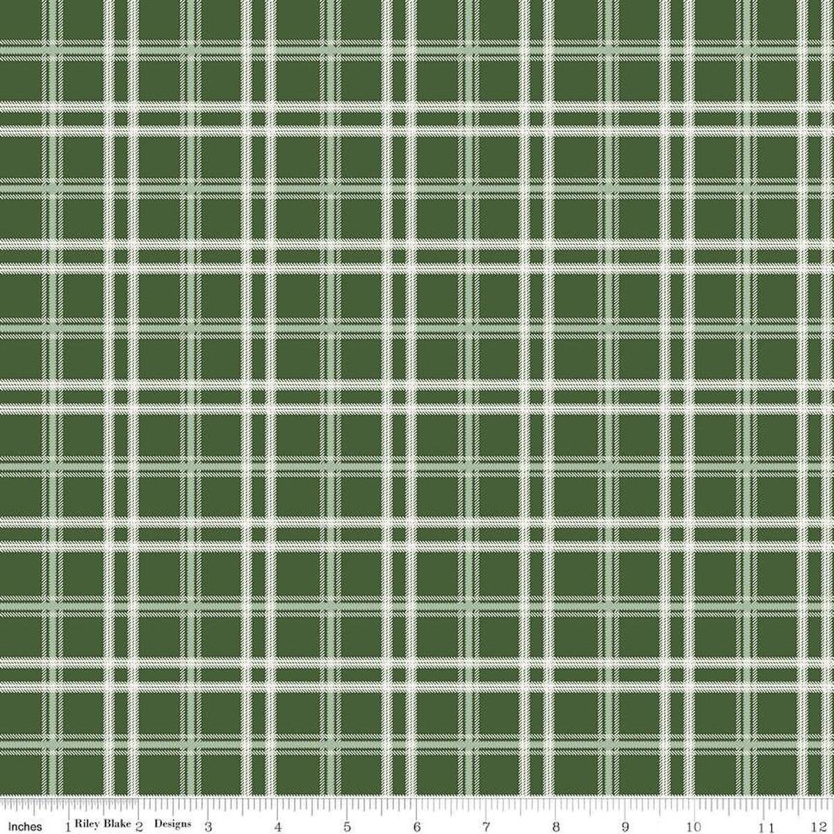 Image of the Mistletoe & Holly Plaid Forest quilting cotton fabric by Riley Blake Designs. Features lines on a green background. Cute Little Fabric Shop