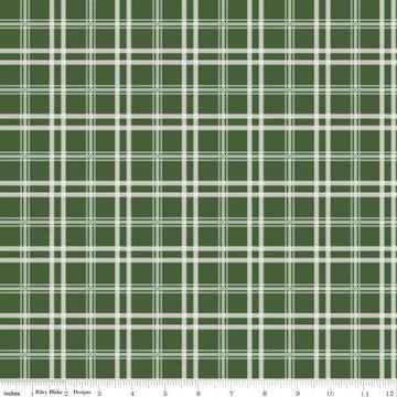 Image of the Mistletoe & Holly Plaid Forest quilting cotton fabric by Riley Blake Designs. Features lines on a green background. Cute Little Fabric Shop