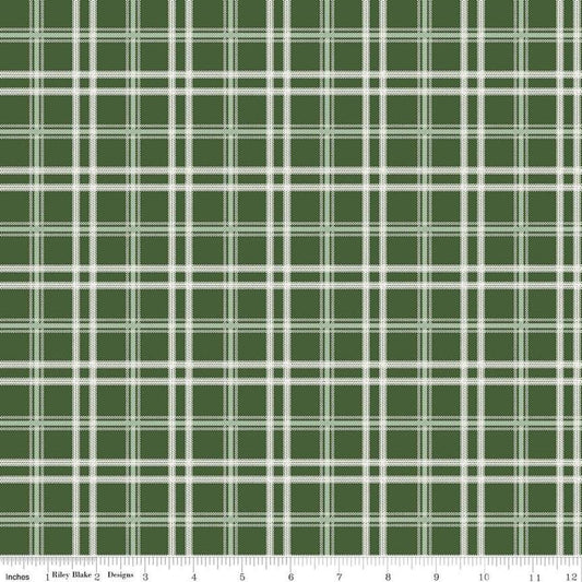 Image of the Mistletoe & Holly Plaid Forest quilting cotton fabric by Riley Blake Designs. Features lines on a green background. Cute Little Fabric Shop