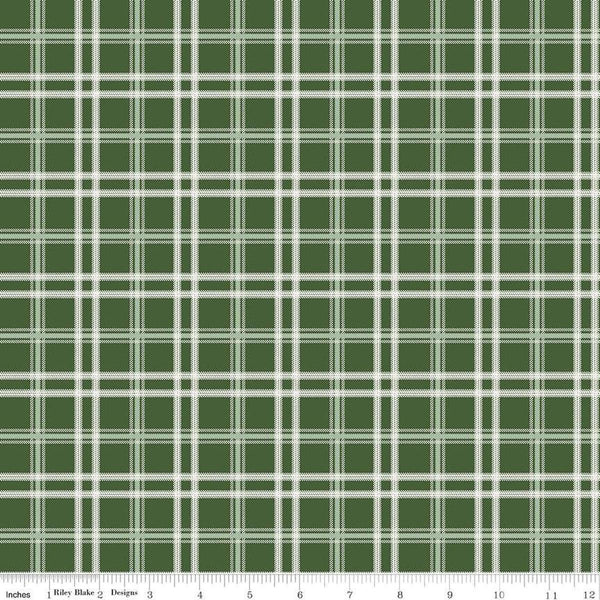 Image of the Mistletoe & Holly Plaid Forest quilting cotton fabric by Riley Blake Designs. Features lines on a green background. Cute Little Fabric Shop