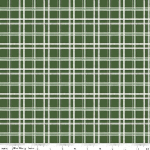 Image of the Mistletoe & Holly Plaid Forest quilting cotton fabric by Riley Blake Designs. Features lines on a green background. Cute Little Fabric Shop