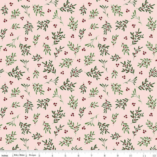 Image of the Mistletoe & Holly Mistletoe Ballerina quilting cotton fabric by Riley Blake Designs. Features leaves on a pink background. Cute Little Fabric Shop