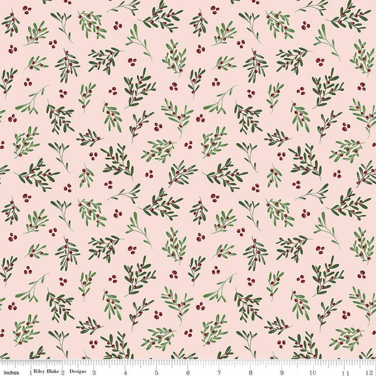 Image of the Mistletoe & Holly Mistletoe Ballerina quilting cotton fabric by Riley Blake Designs. Features leaves on a pink background. Cute Little Fabric Shop