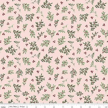 Image of the Mistletoe & Holly Mistletoe Ballerina quilting cotton fabric by Riley Blake Designs. Features leaves on a pink background. Cute Little Fabric Shop