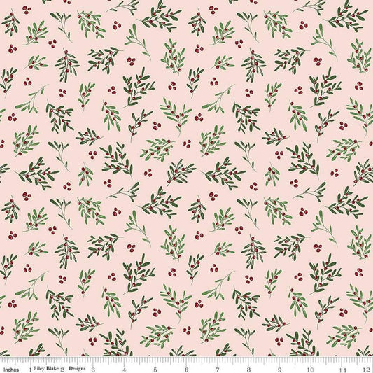 Image of the Mistletoe & Holly Mistletoe Ballerina quilting cotton fabric by Riley Blake Designs. Features leaves on a pink background. Cute Little Fabric Shop