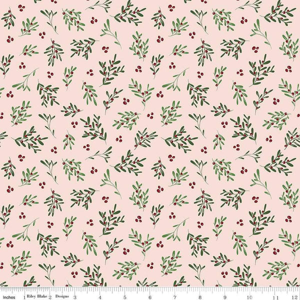 Image of the Mistletoe & Holly Mistletoe Ballerina quilting cotton fabric by Riley Blake Designs. Features leaves on a pink background. Cute Little Fabric Shop