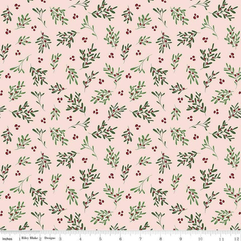 Image of the Mistletoe & Holly Mistletoe Ballerina quilting cotton fabric by Riley Blake Designs. Features leaves on a pink background. Cute Little Fabric Shop