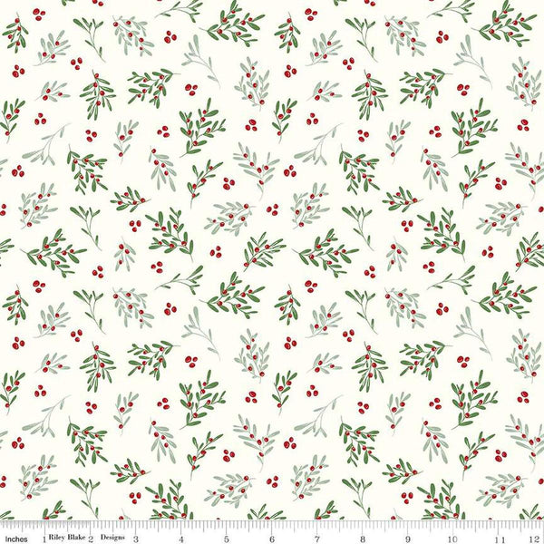 Image of the Mistletoe & Holly Mistletoe Cloud quilting cotton fabric by Riley Blake Designs. Features leaves on a cream background. Cute Little Fabric Shop