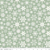 Image of the Mistletoe & Holly Snowflakes Sage quilting cotton fabric by Riley Blake Designs. Features snowflakes on a green background. Cute Little Fabric Shop