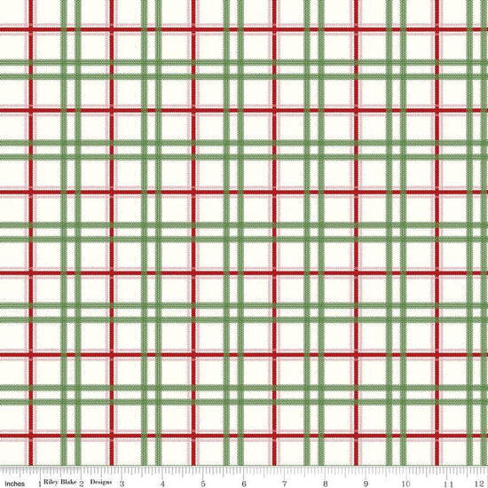 Image of the Mistletoe & Holly Plaid Cloud quilting cotton fabric by Riley Blake Designs. Features lines on a cream background. Cute Little Fabric Shop