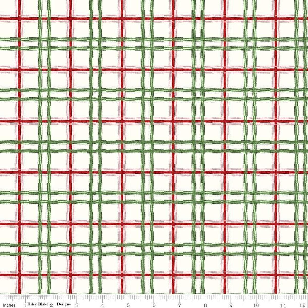 Image of the Mistletoe & Holly Plaid Cloud quilting cotton fabric by Riley Blake Designs. Features lines on a cream background. Cute Little Fabric Shop