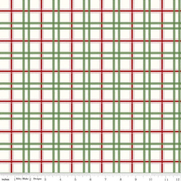 Image of the Mistletoe & Holly Plaid Cloud quilting cotton fabric by Riley Blake Designs. Features lines on a cream background. Cute Little Fabric Shop
