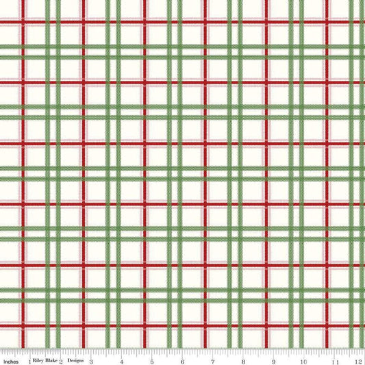 Image of the Mistletoe & Holly Plaid Cloud quilting cotton fabric by Riley Blake Designs. Features lines on a cream background. Cute Little Fabric Shop