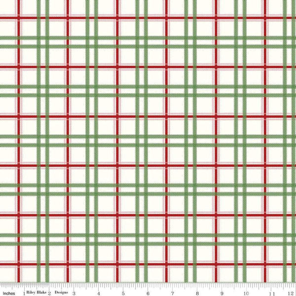 Image of the Mistletoe & Holly Plaid Cloud quilting cotton fabric by Riley Blake Designs. Features lines on a cream background. Cute Little Fabric Shop